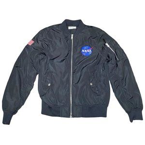 H&M NASA Bomber Flight Jacket Black USA Flag Patch Boys Size‎ 10 12